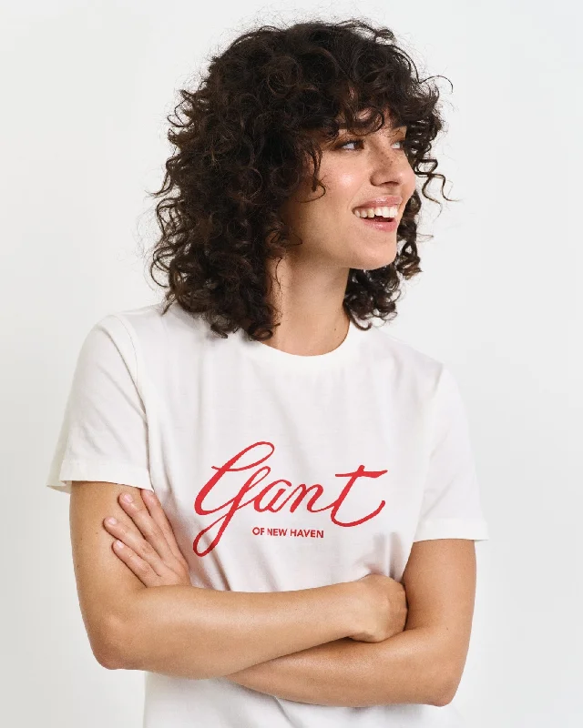 Gant Women White Solid Round Neck Short Sleeves T-Shirt