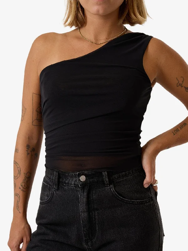 Mesh One Shoulder Top - Black