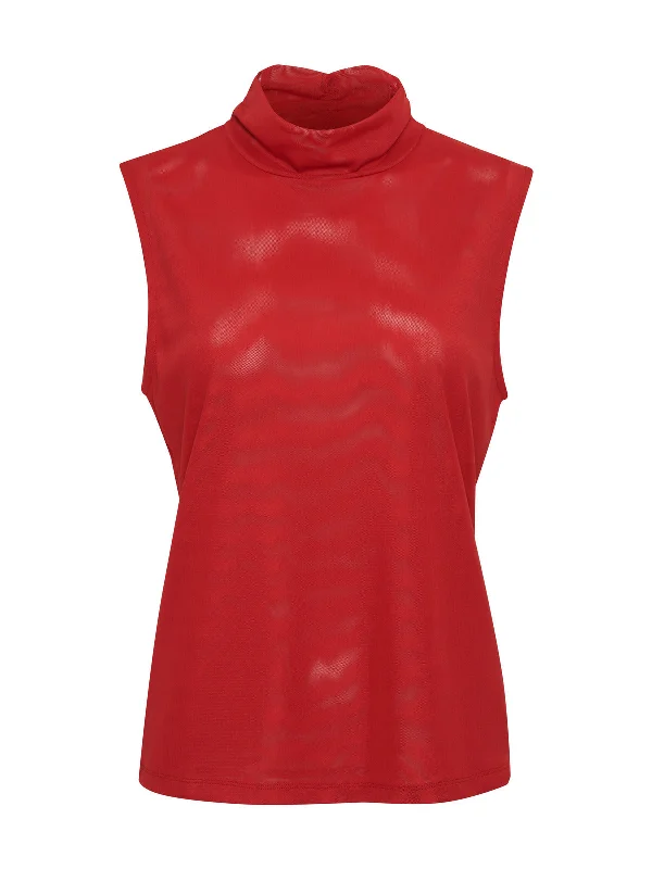 Shirred Neck Mesh Tank Cherry Red