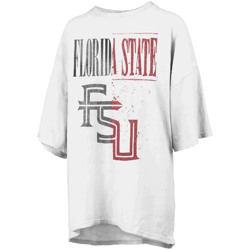 Pressbox Women's Florida State Stacked FSU Split Design Short Sleeve Oversized T-shirt - White