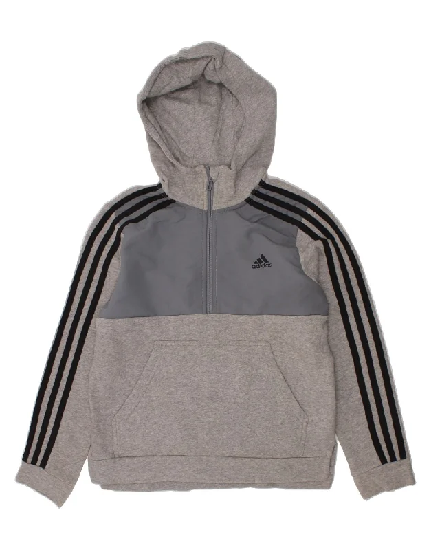 ADIDAS Boys Graphic Hoodie Jumper 11-12 Years Grey Colourblock Cotton