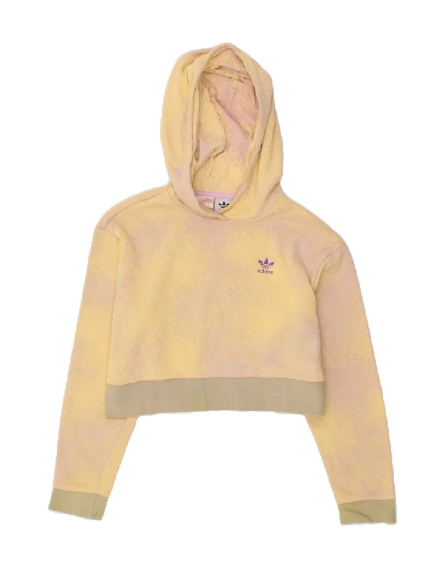 ADIDAS Girls Crop Hoodie Jumper 11-12 Years Yellow Spotted Cotton