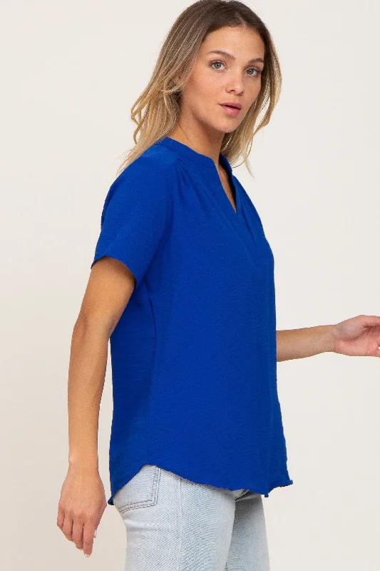 Blue Short Sleeve V-Neck Blouse