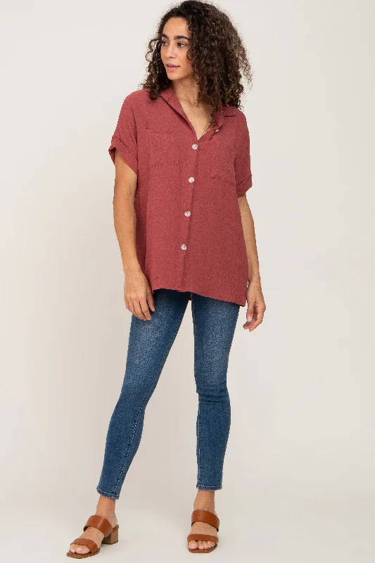 Burgundy Collared Button-Down Short Sleeve Blouse