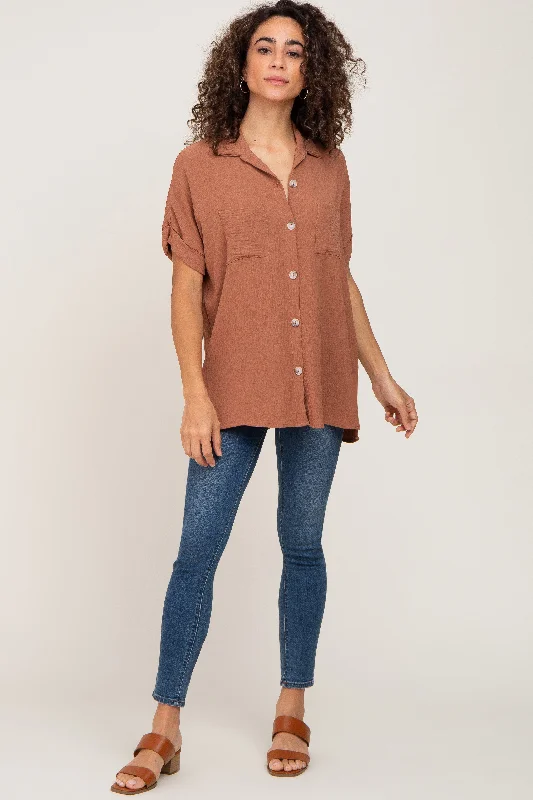 Camel Collared Button-Down Short Sleeve Blouse