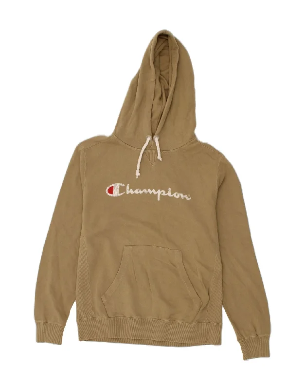 CHAMPION Mens Graphic Hoodie Jumper Large Beige Cotton