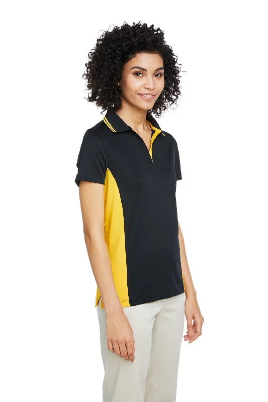 Harriton Womens Flash Performance Moisture Wicking Colorblock Short Sleeve Polo Shirt - Black/Sunray Yellow