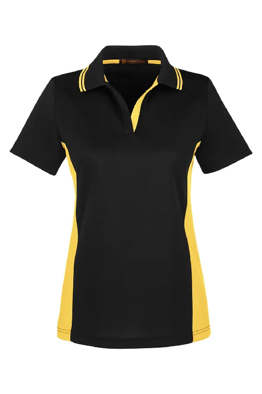 Harriton Womens Flash Performance Moisture Wicking Colorblock Short Sleeve Polo Shirt - Black/Sunray Yellow