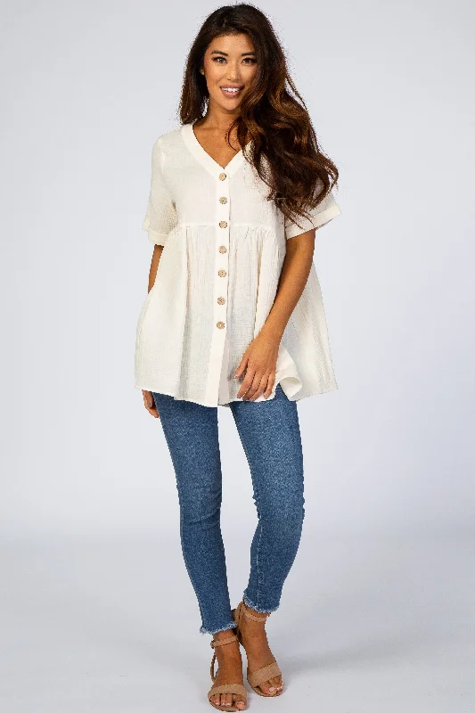 Ivory Soft Linen Button Front Top