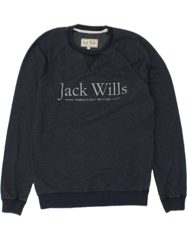 JACK WILLS Mens Graphic Sweatshirt Jumper Small Navy Blue Cotton