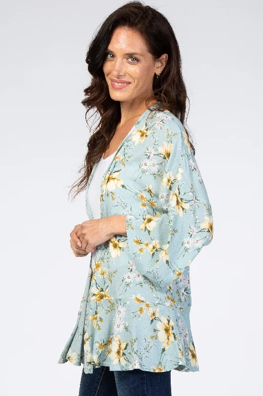 Light Blue Floral Ruffle Hem Cover Up