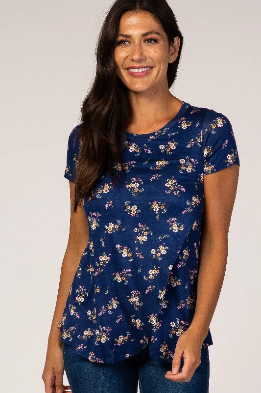 Navy Floral Layered Wrap Front Nursing Top