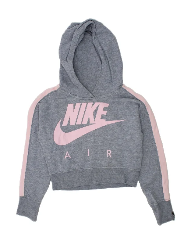 NIKE Girls Graphic Crop Hoodie Jumper 8-9 Years Small  Grey Cotton