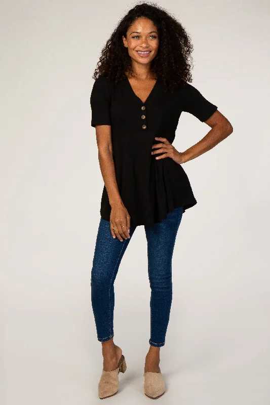 PinkBlush Black Ribbed Button Accent Blouse