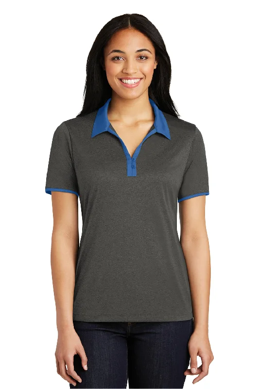 Sport-Tek Womens Heather Contender Moisture Wicking Short Sleeve Polo Shirt - Heather Graphite Grey/True Royal Blue - Closeout